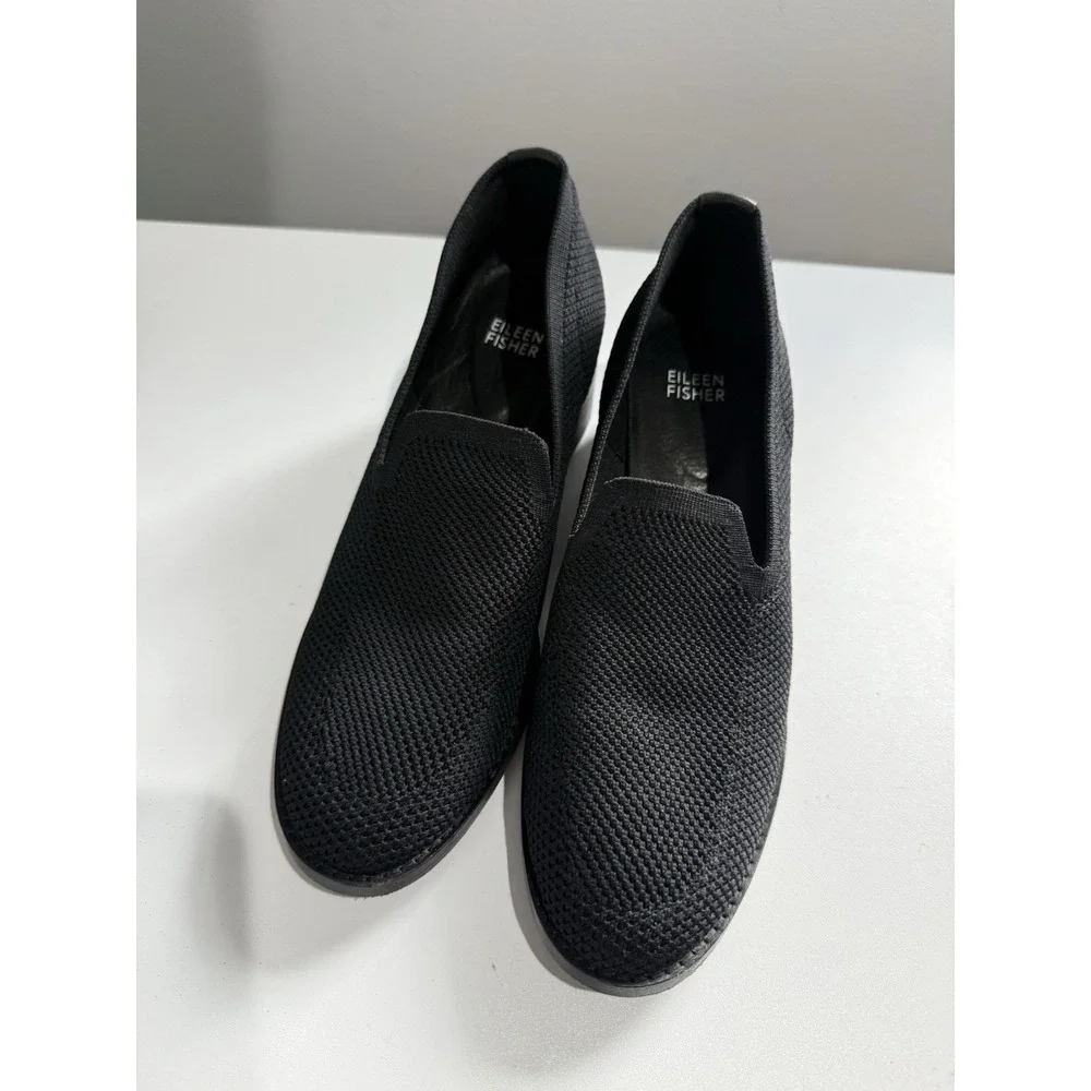 Eileen Fisher Dern Pump Womens 8.5 Black Stretch Knit Block Heel Slip On Comfort